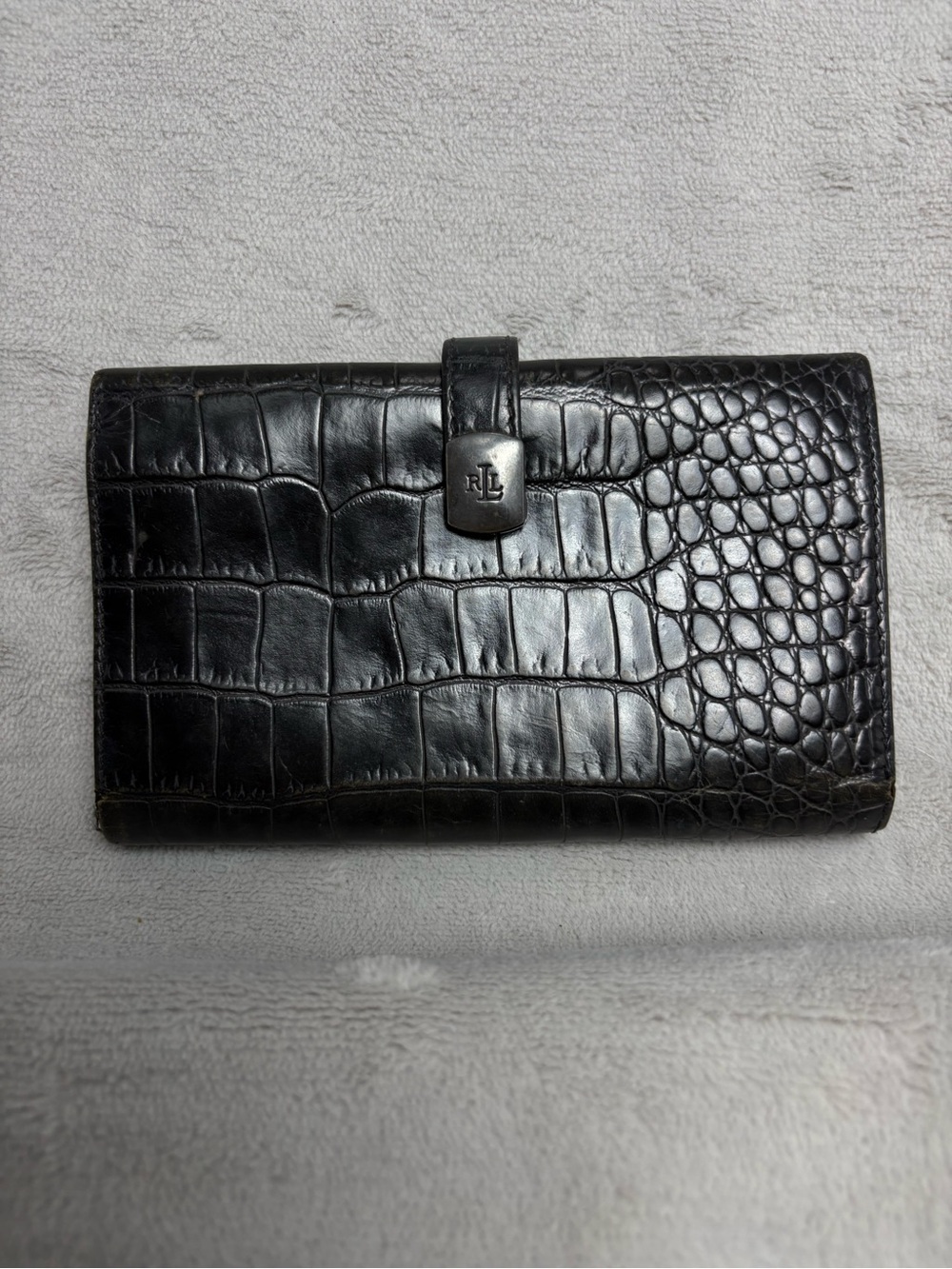 Lauren Ralph Lauren Black Croc Embossed Leather Long Wallet Clutch Organizer
